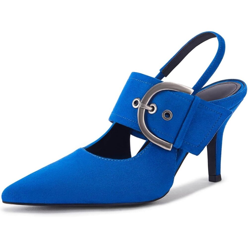 Women's Blue Slingback Pumps Pointed Toe High Heels Belt Buckle Strap Shoes